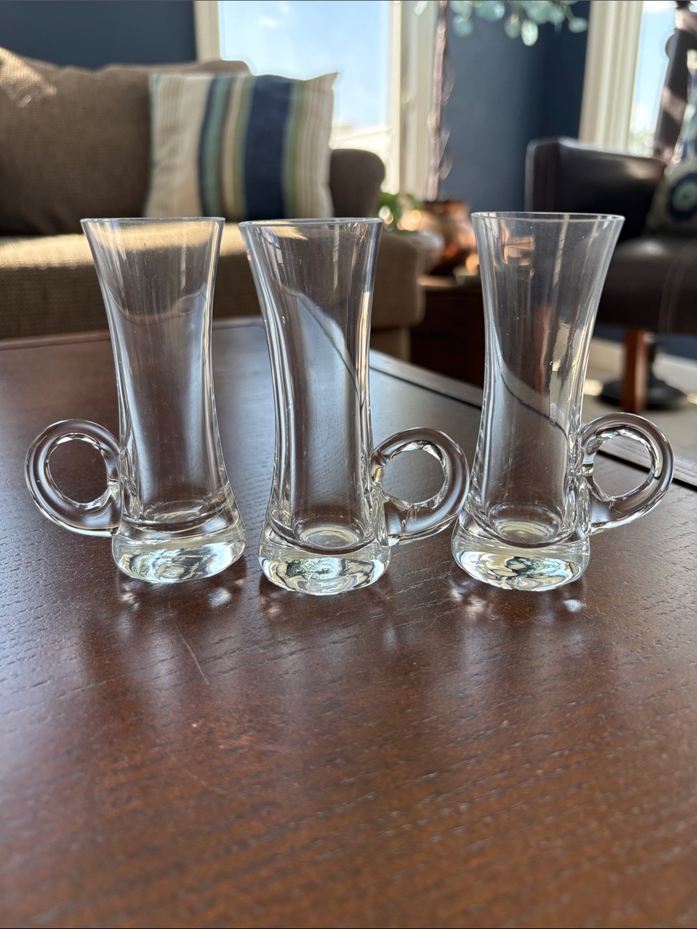 Clear crystal handled cordial or shot glasses, set of three